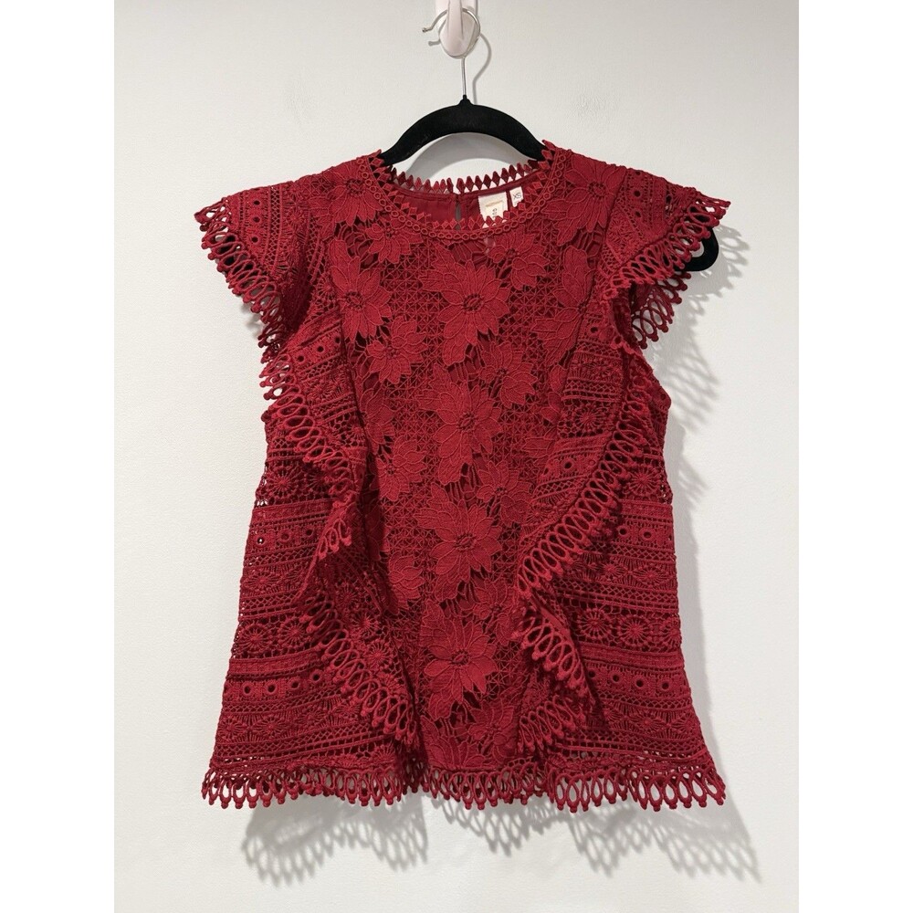 Anthropologie Guest Editor Top XS Burgundy Crochet Holiday Floral Work Travel
